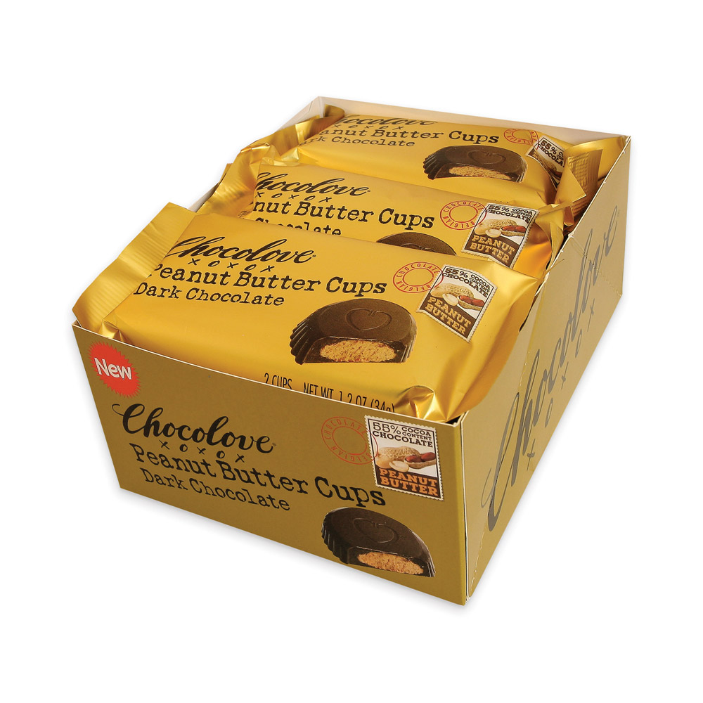 Merchandising box for Chocolove Dark Chocolate Peanut Butter Cups