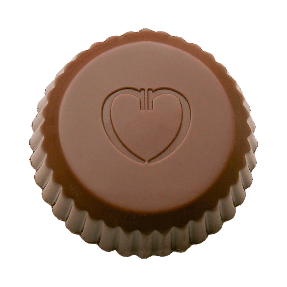 A single Chocolove Milk Chocolate Almond Butter Cup unwrapped