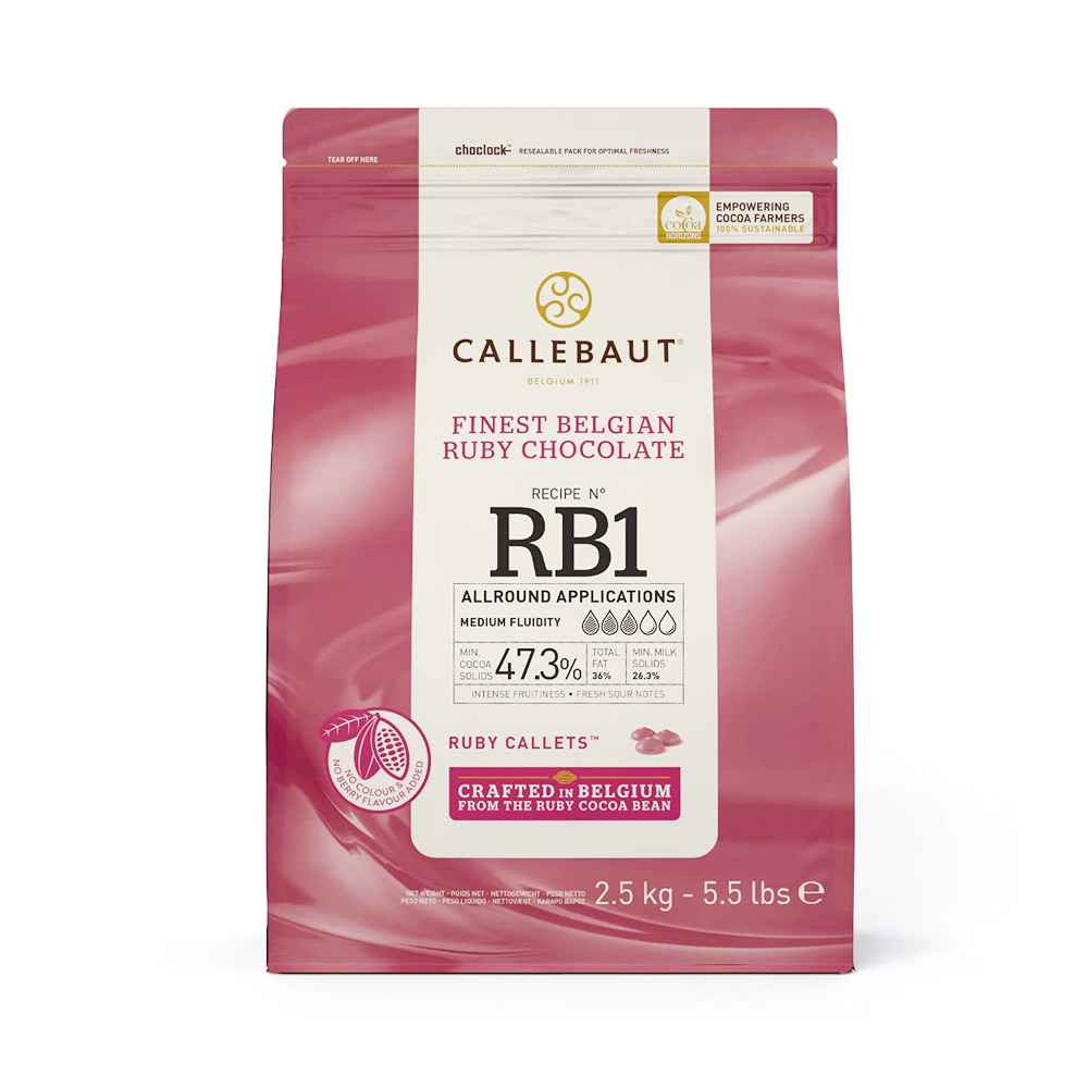 A bag of Callebaut Ruby Chocolate callets