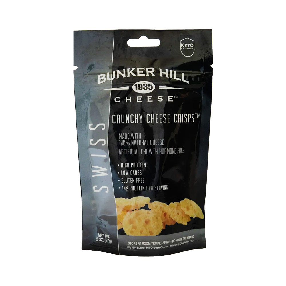 A bag of Bunker Hill Swiss Cheese Crisps