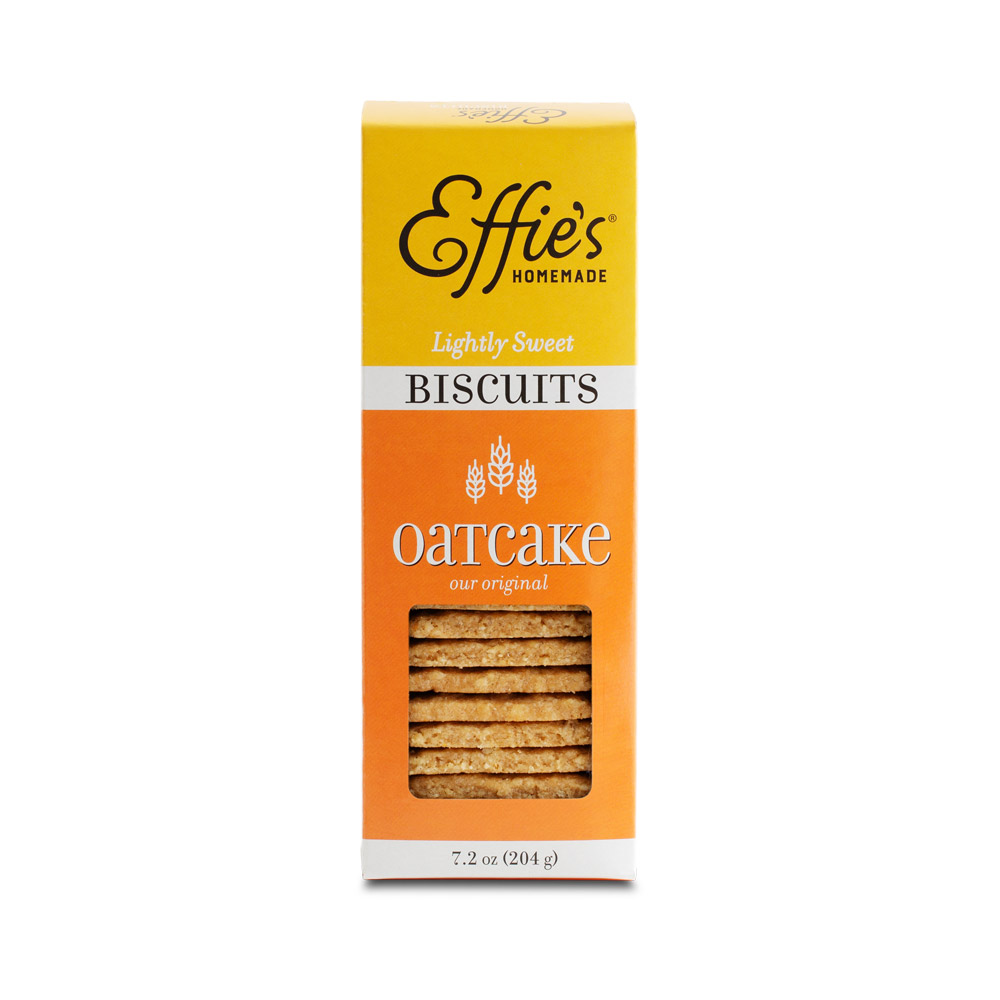 The front of a box of Effie's Homemade Oatcake Biscuits