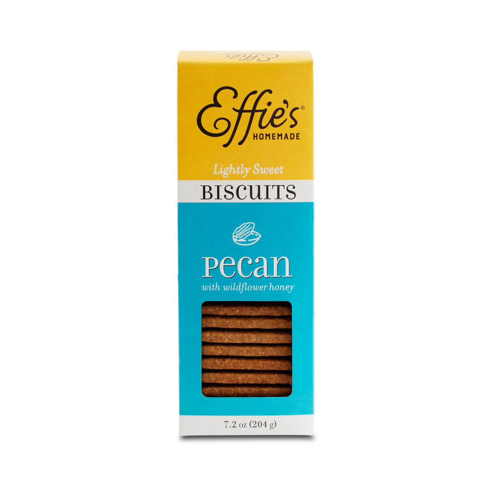 The front of a box of Effie's Homemade Pecan Biscuits