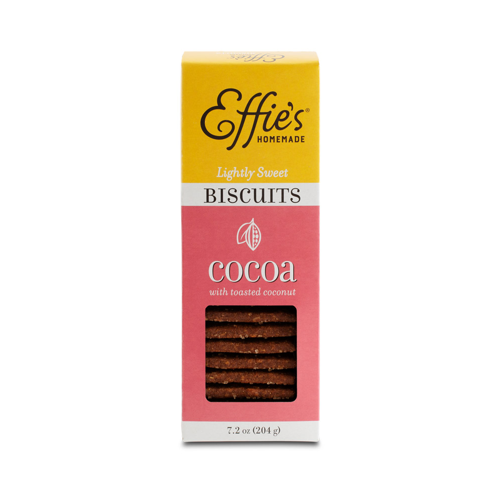 The front of a box of Effie's Homemade Cocoa Biscuits