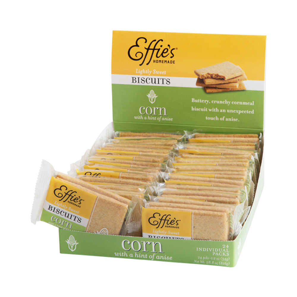 A single serve package of Effie's Homemade corn biscuits