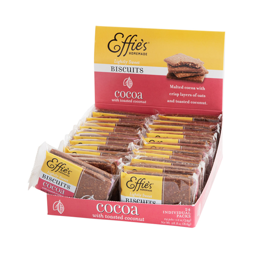 A single serve package of Effie's Homemade cocoa biscuits