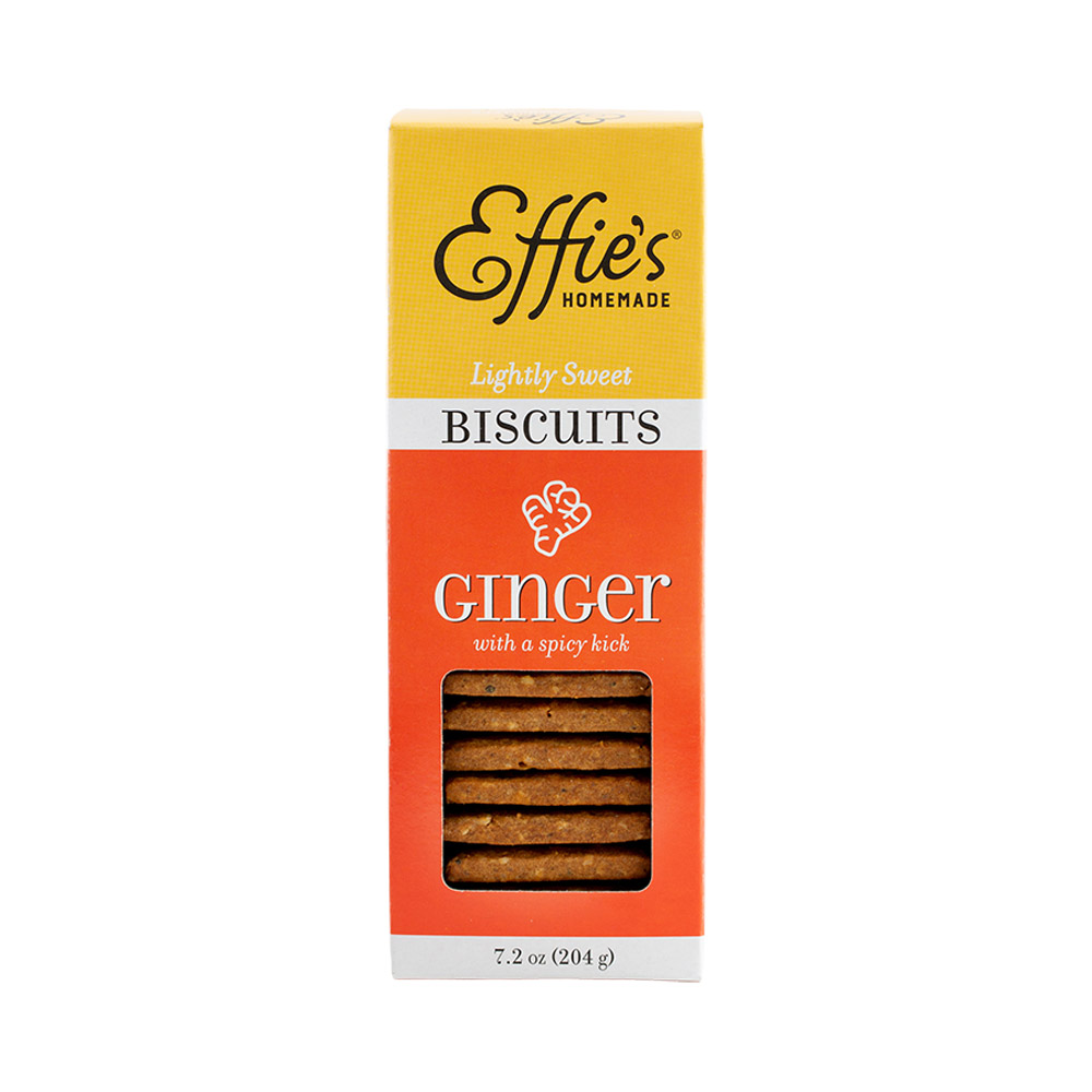 The front of a box of Effie's Homemade Ginger Biscuits