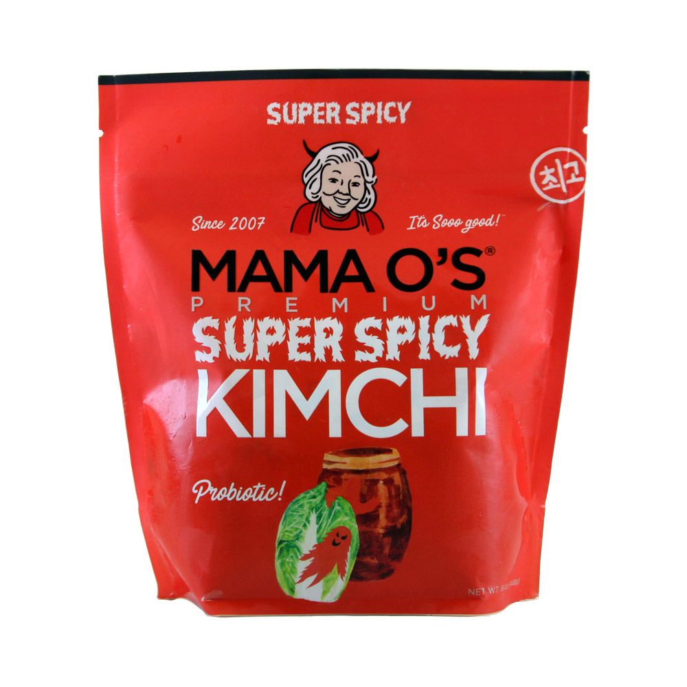 Pouch of Mama O's premium super spicy kimchi