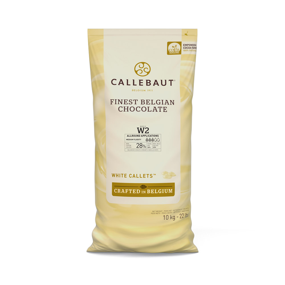 A bag of Callebaut 28% white chocolate callets