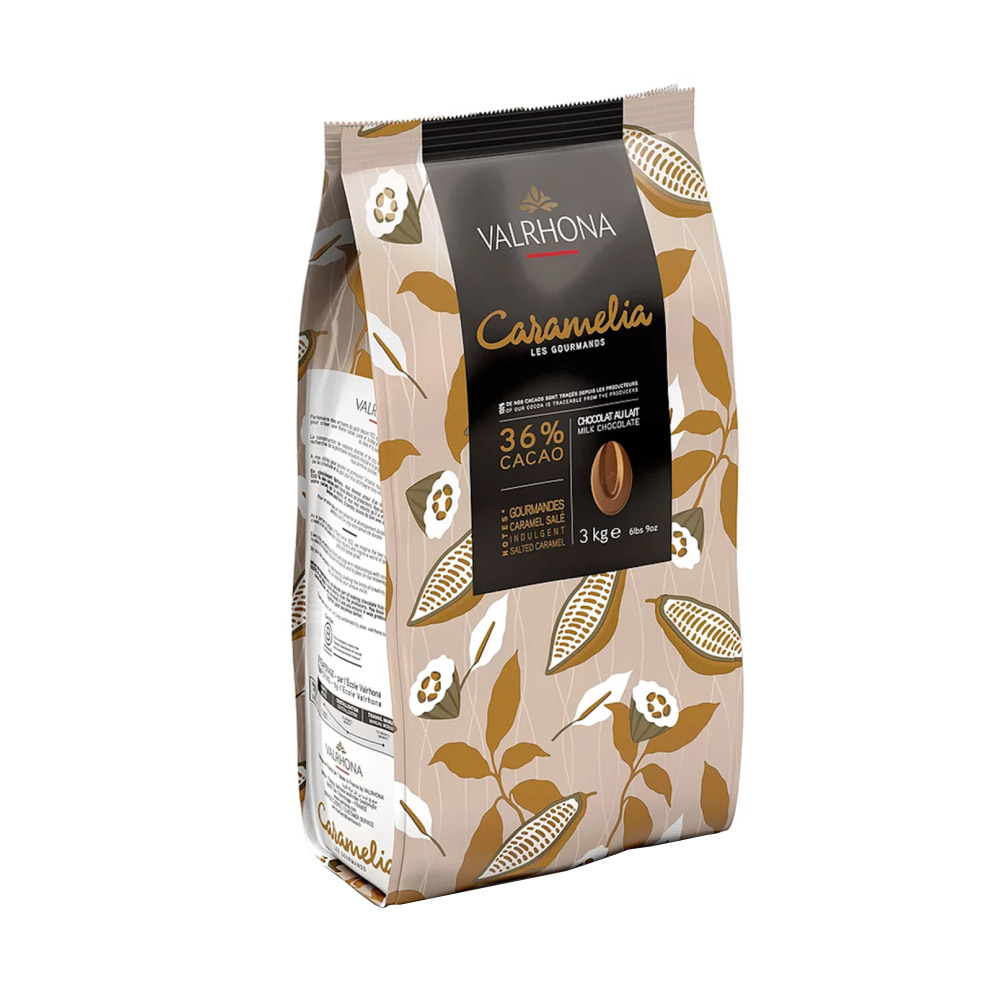 Bag of Valrhona caramelia 36% milk chocolate feves