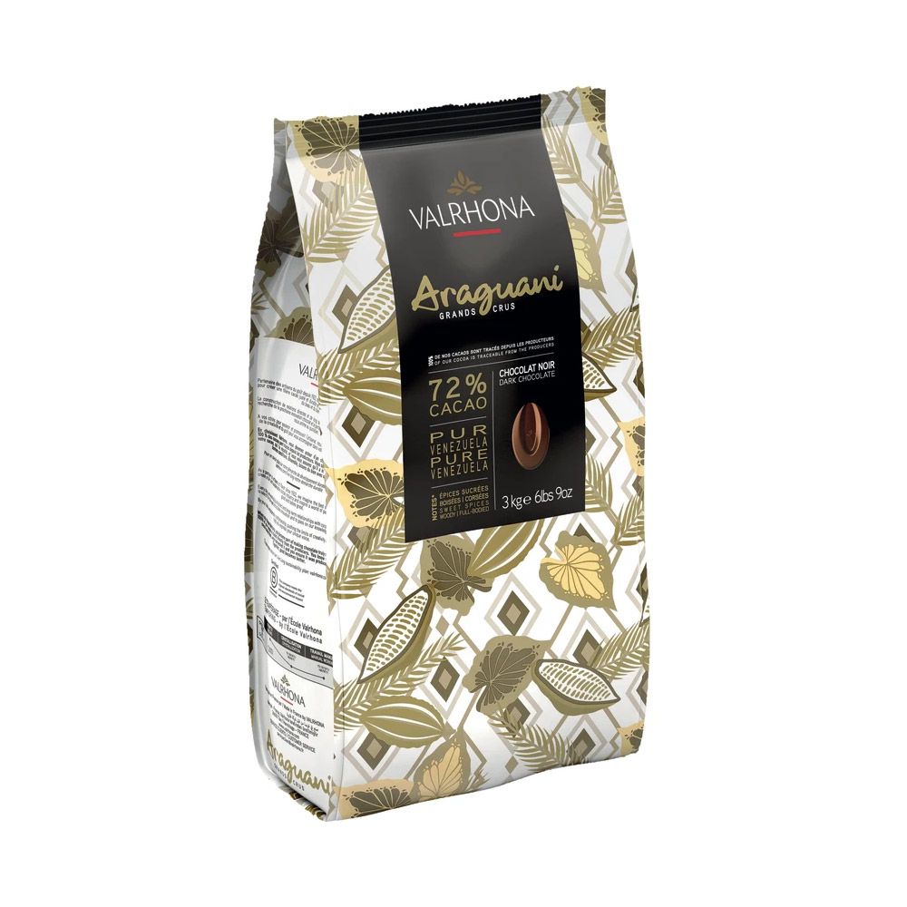 Bag of Valrhona araguani 72% dark chocolate feves