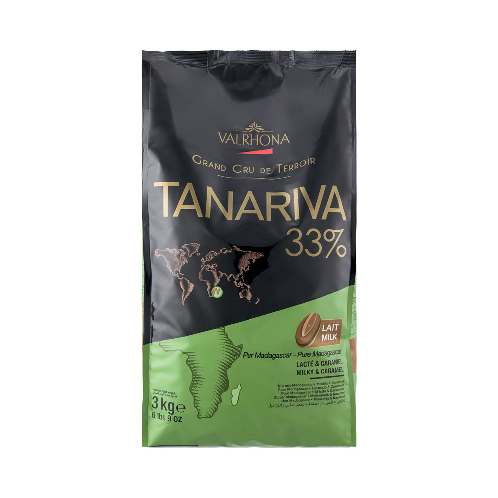 Bag of Valrhona tanariva 33% milk chocolate feves