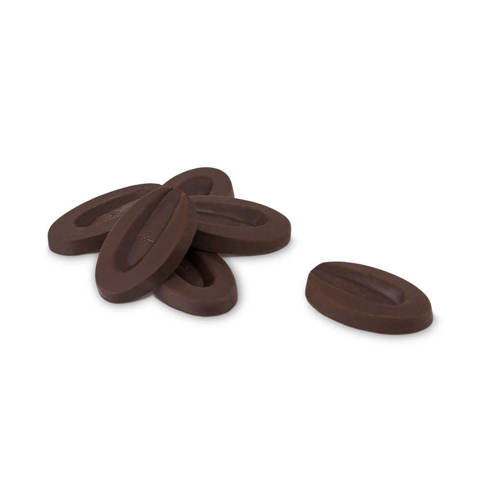 Pile of Valrhona satilia 62% dark chocolate feves