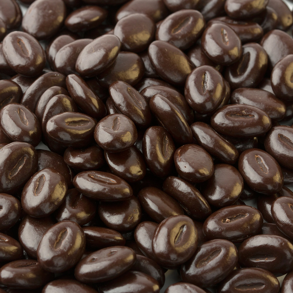 A close-up of a pile of Cacao Barry Chocolate Coffee Beans
