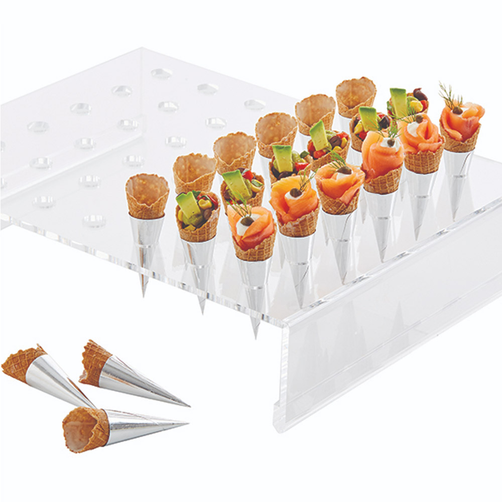 Savory mini cones in a plastic cone holder filled with different foods