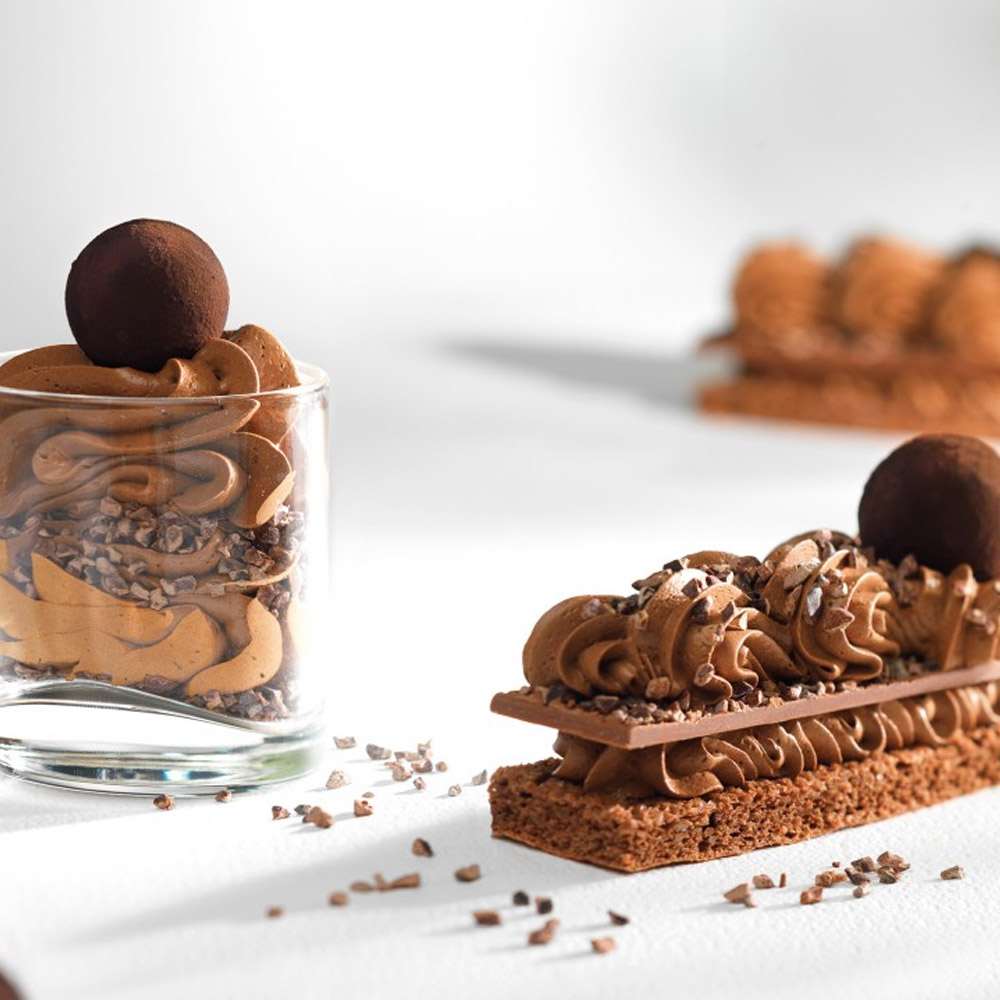 A dessert made with Callebaut Dark Chocolate Mousse mix