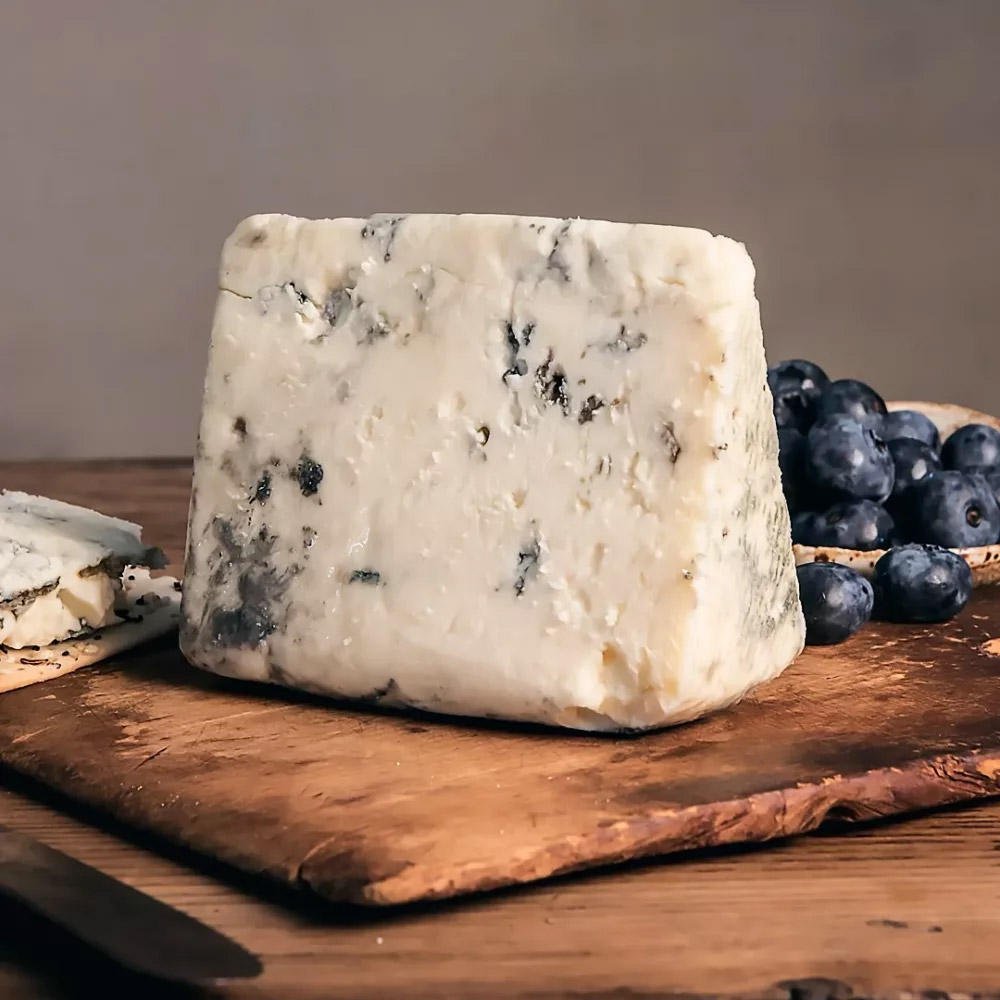 A wedge of blue cheese on a wood board next to a pile of blueberries