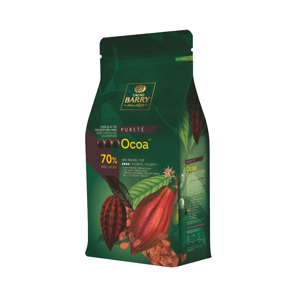 A bag of Cacao Barry 70% Ocoa dark chocolate pistoles