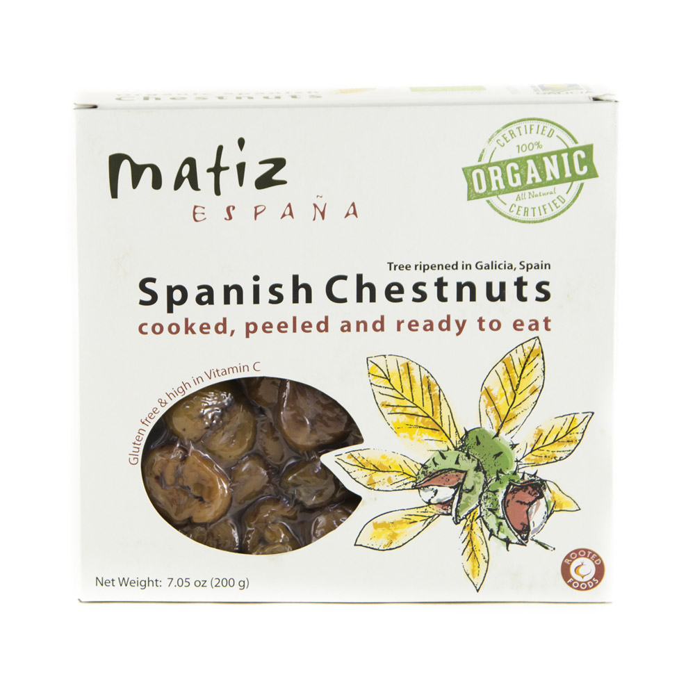 A box of Matiz Organic Chestnuts