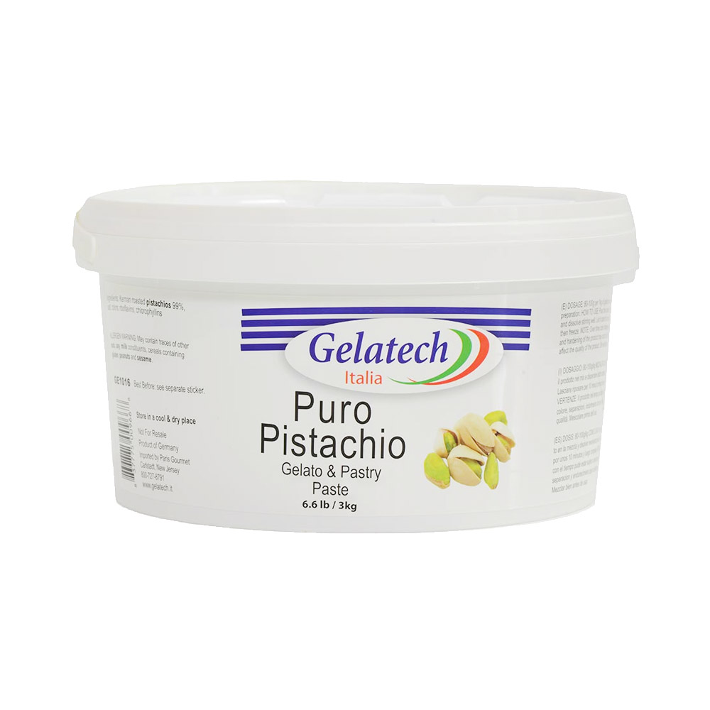 Tub of Gelatech pistachio puro paste