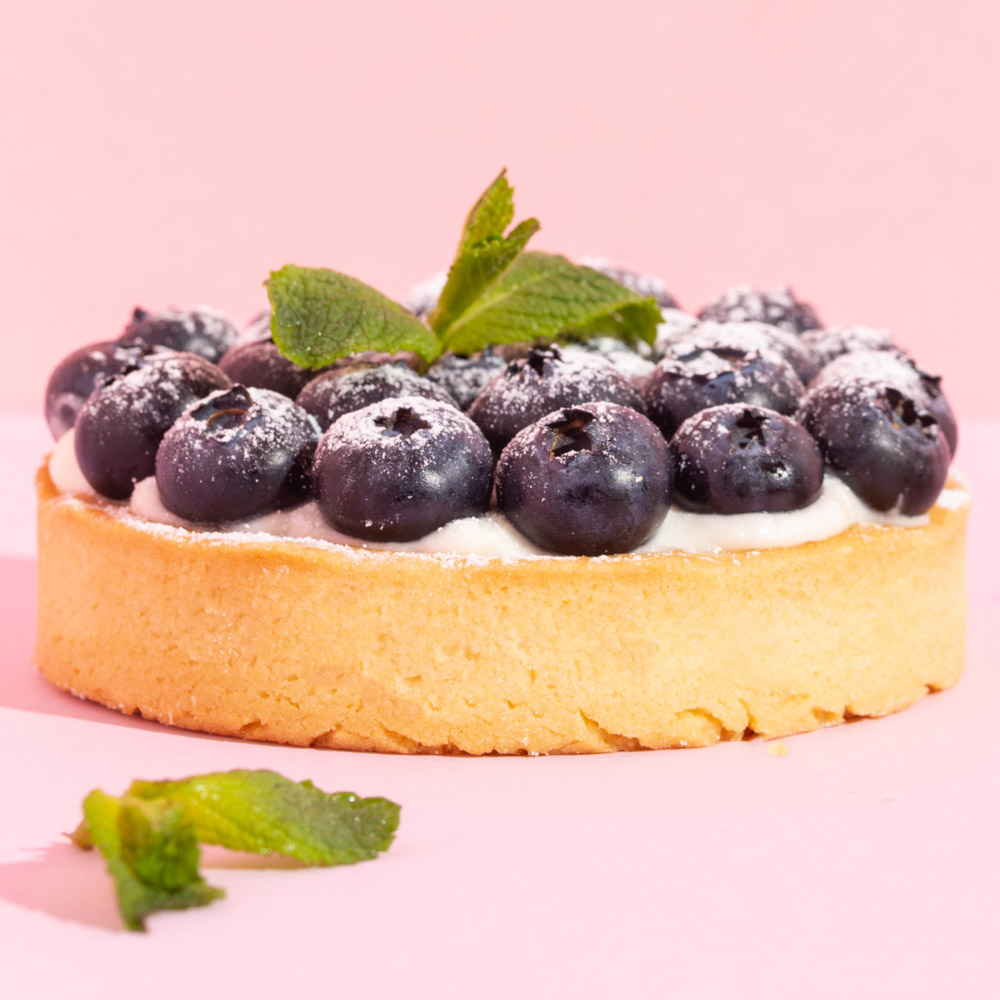A blueberry tart up close on a pink background