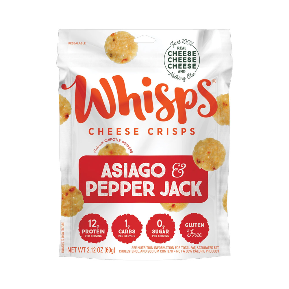 A bag of Whisps asiago and pepper jack cheese crisps