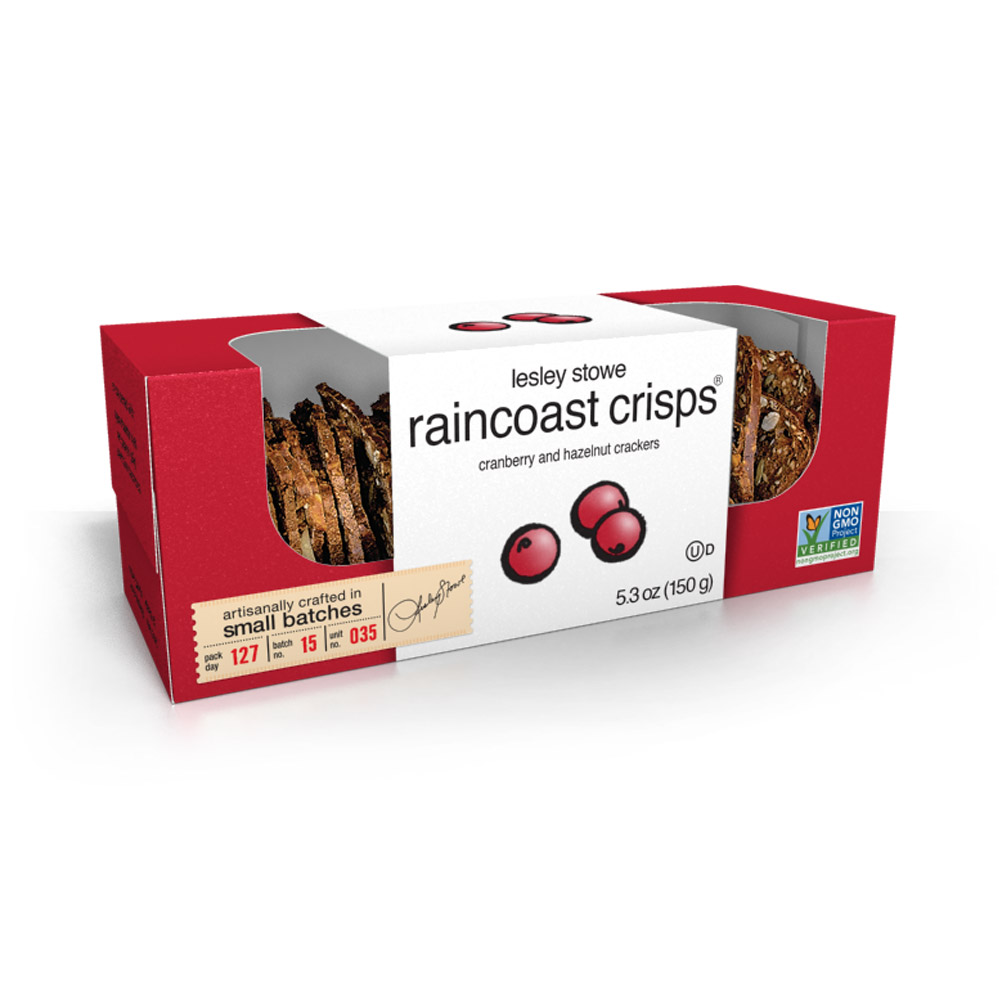 A box of Lesley Stowe Cranberry and Hazelnut Raincoast Crisps