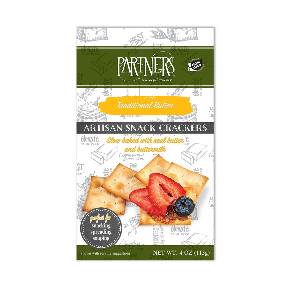 A box of Partners traditional butter artisan snack crackers