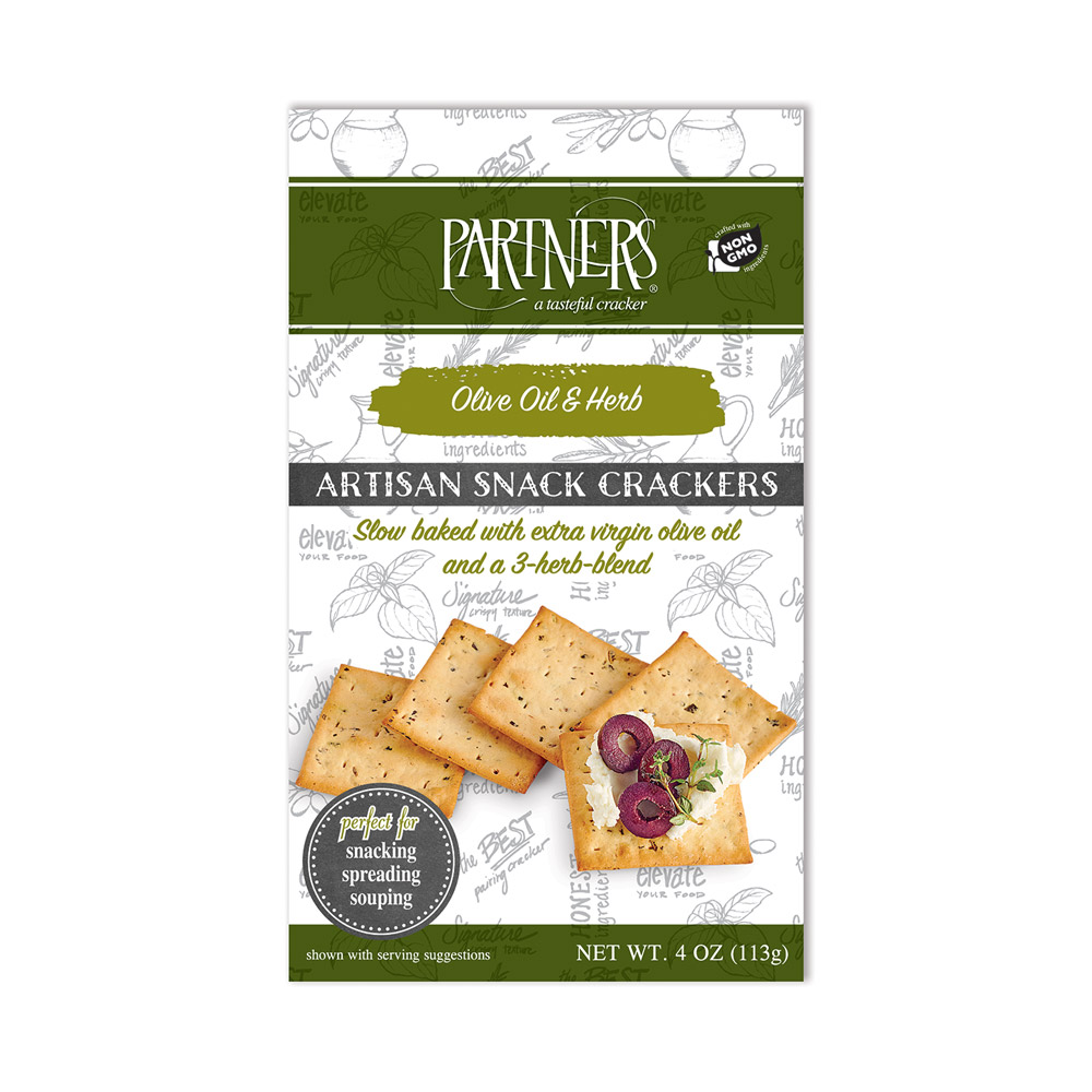 A box of Partners olive oil and herb artisan snack crackers