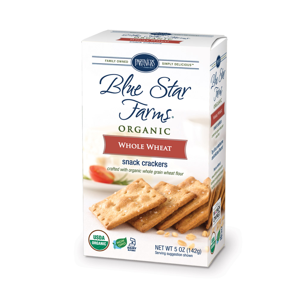 A box of Blue Star Farms rustic whole wheat organic snack crackers