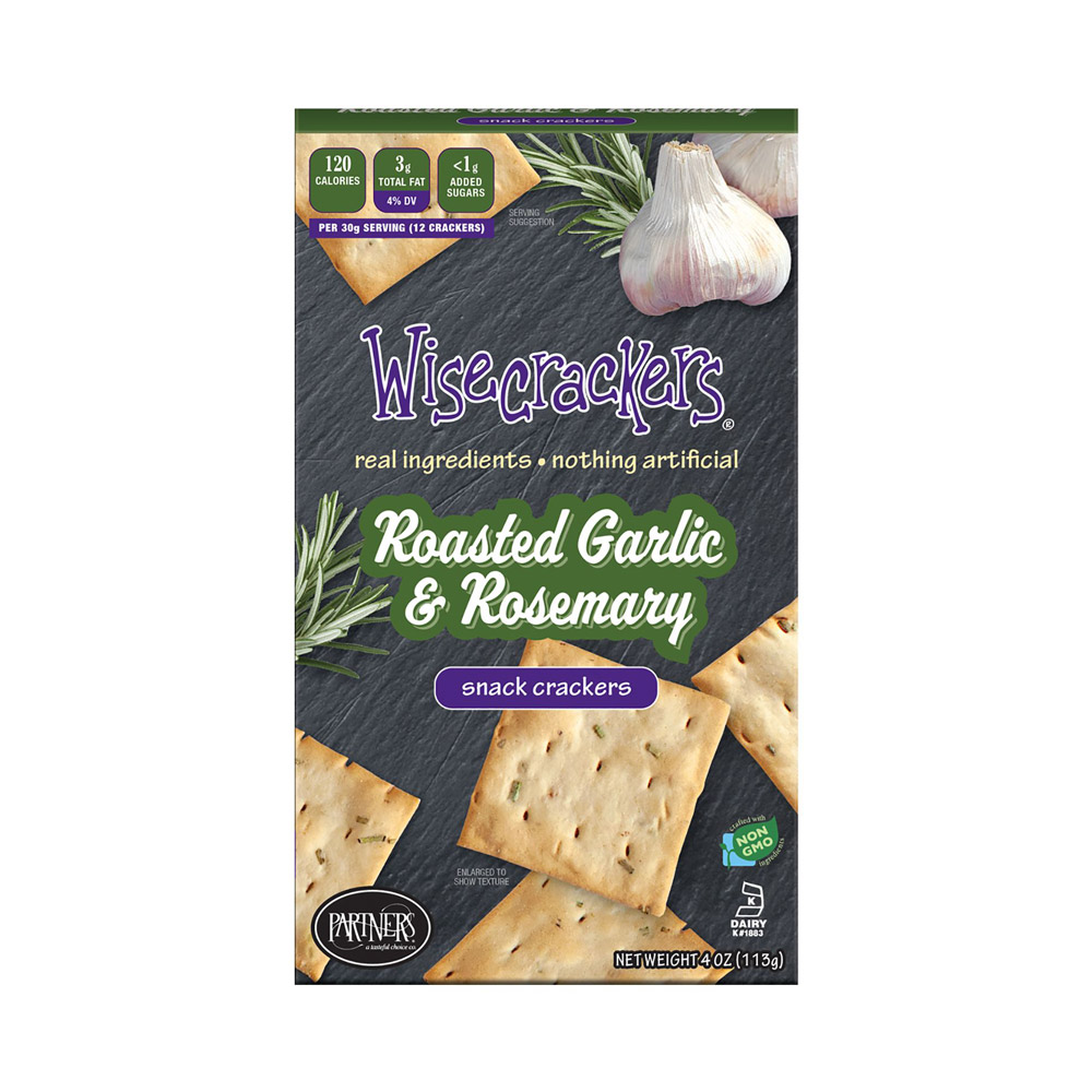 A box of Wisecrackers roasted garlic with rosemary snack crackers
