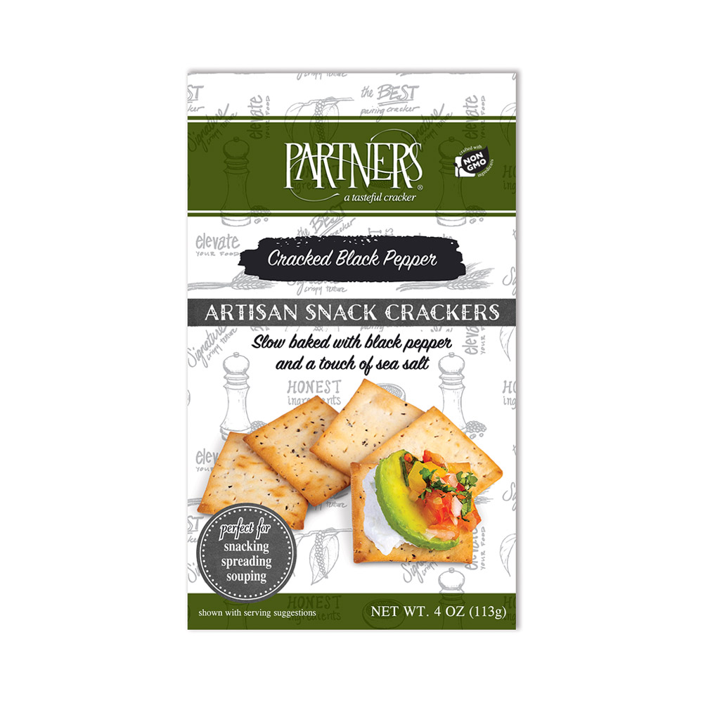 A box of Partners Cracked black pepper artisan snack crackers