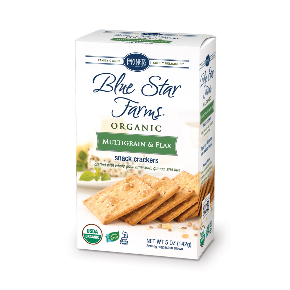 A box of Blue Star Farms multigrain & flax organic snack crackers