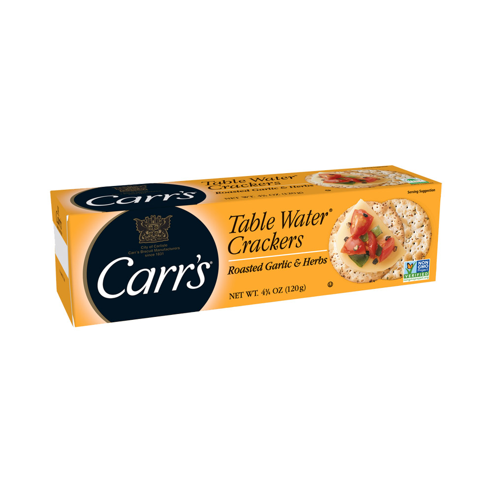 A box of Carr's roasted garlic & herb table water crackers