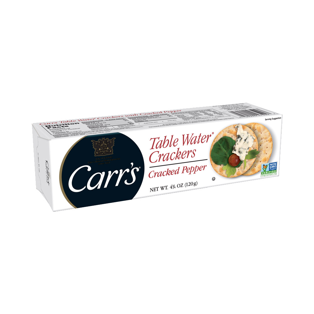 A box of Carr's cracked pepper table water crackers