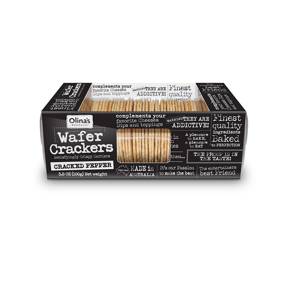 Olina's bakehouse cracked pepper wafer crackers in box
