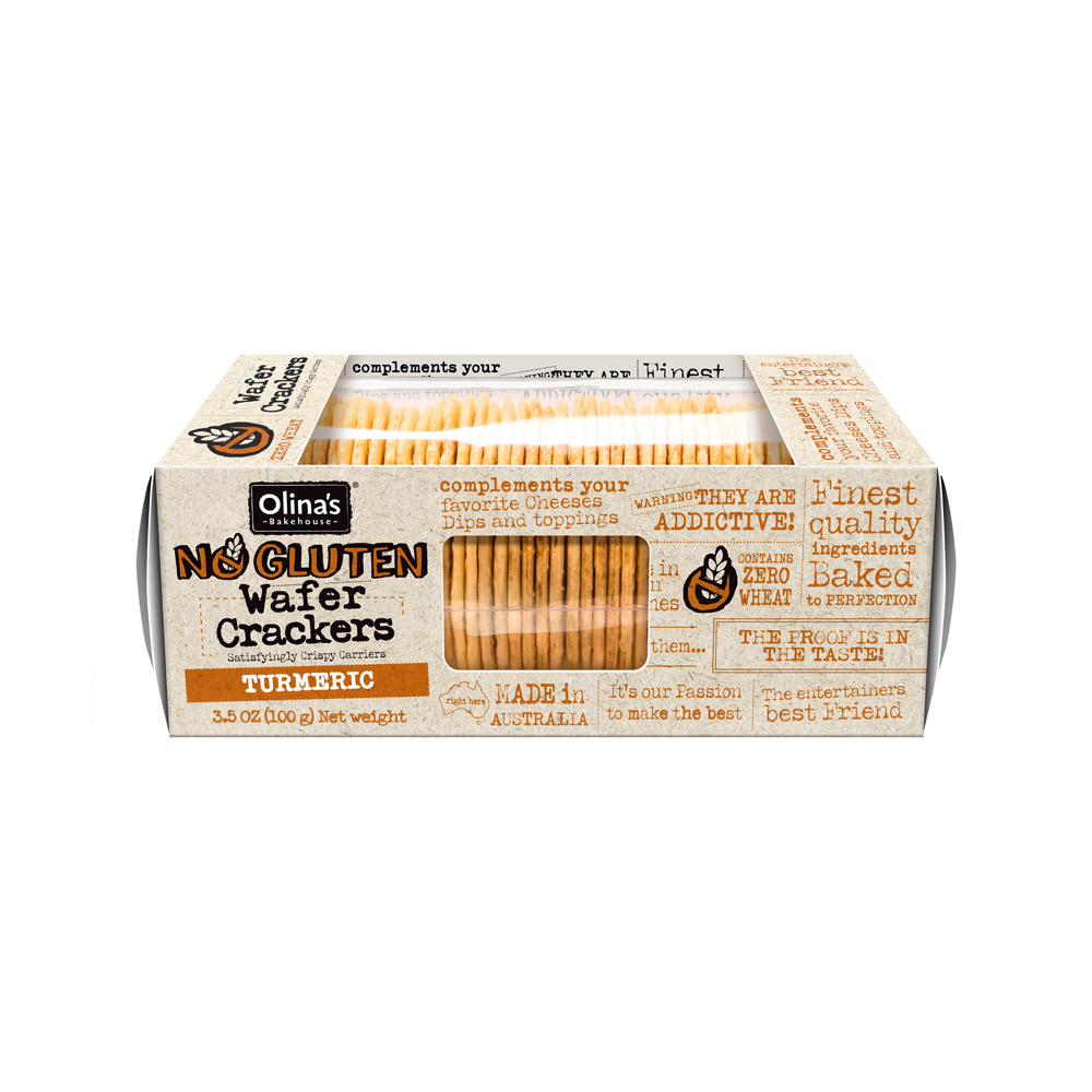 Olina's bakehouse turmeric gluten free wafer crackers in box