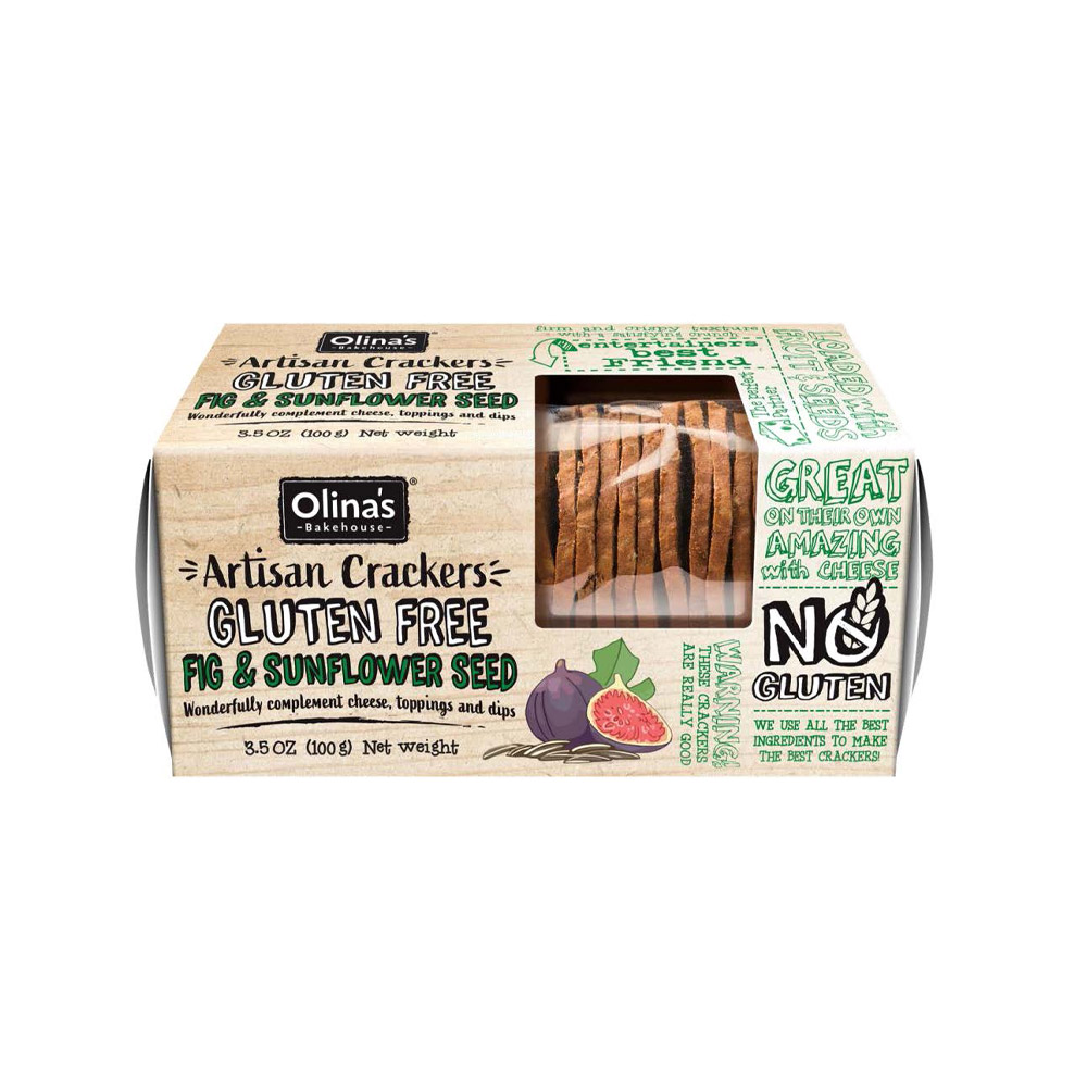 Olina's bakehouse gluten free fig & sunflower seed artisan crackers in box
