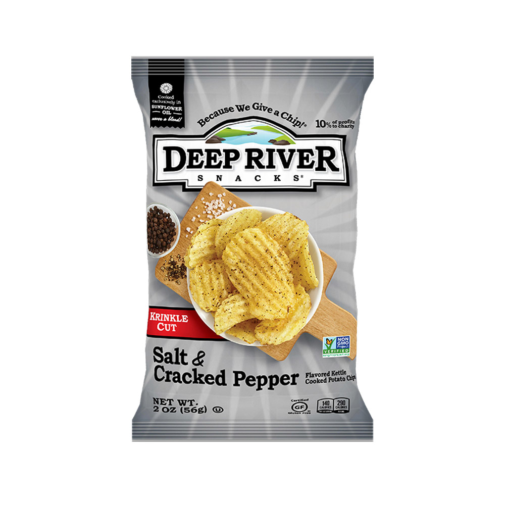 Deep river snacks salt & cracked pepper krinkle cut kettle chips front of bag