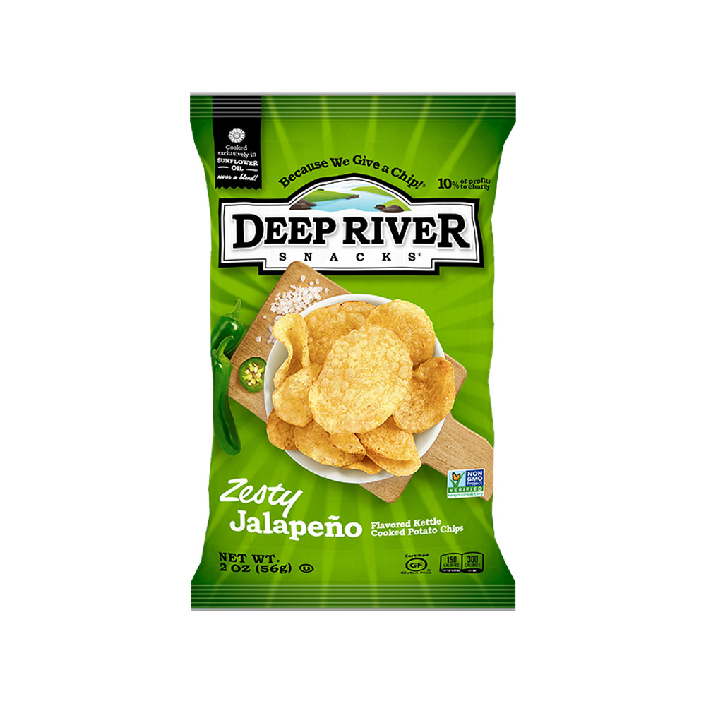 Deep river snacks zesty jalapeno kettle chips front of bag