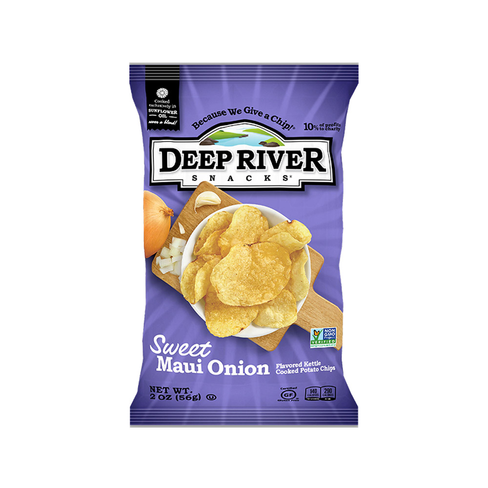Deep river snacks sweet maui onion kettle chips front of bag