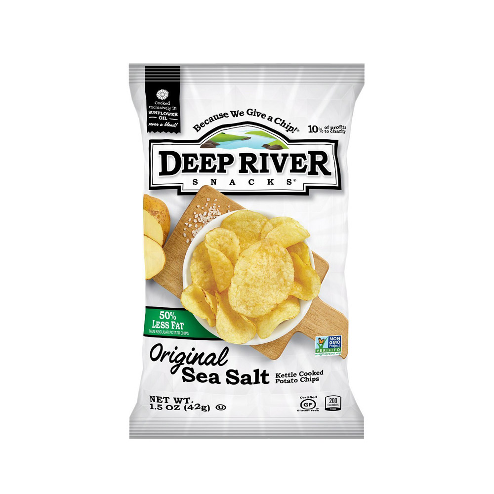 Deep river snacks 50% reduced fat original sea salt kettle chips front of bag