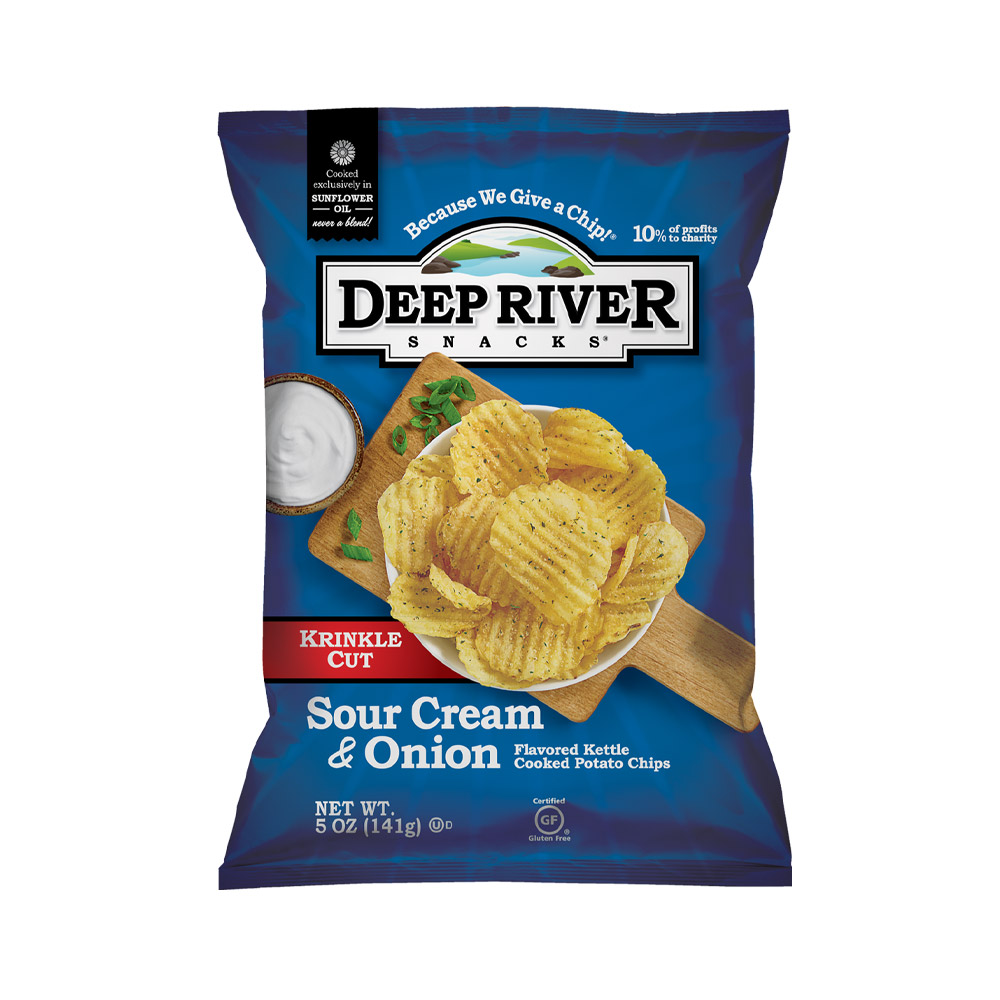 Deep river snacks sour cream & onion kettle chips front of bag