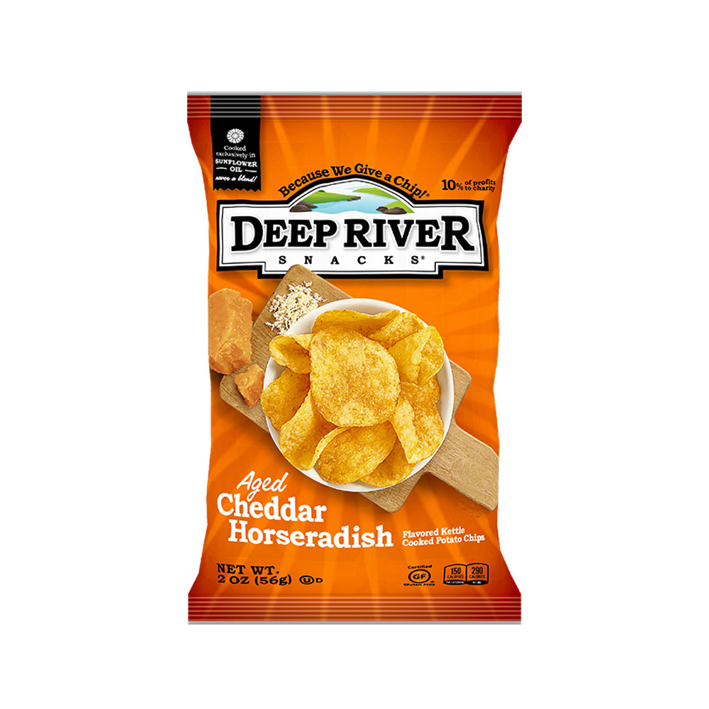 Deep river snacks aged cheddar horseradish kettle chips front of bag
