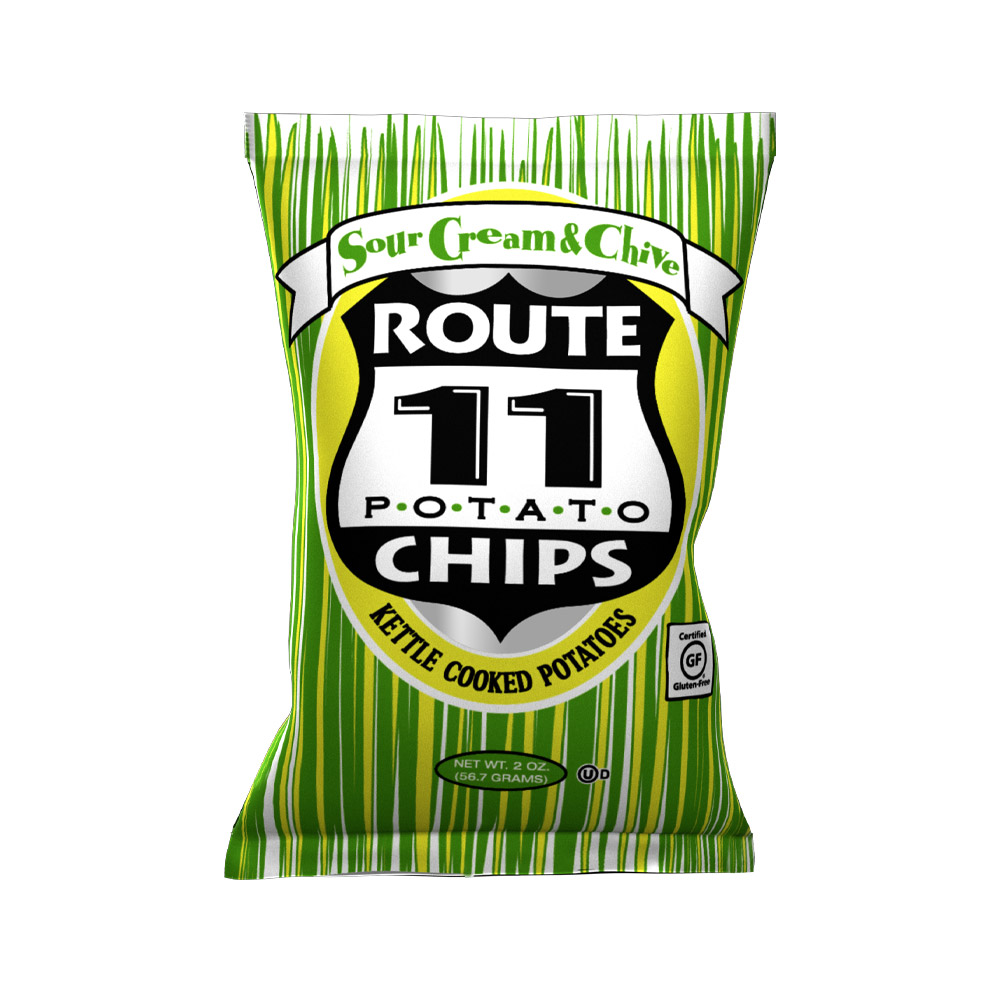 Bag of Route 11 sour cream & chive potato chips