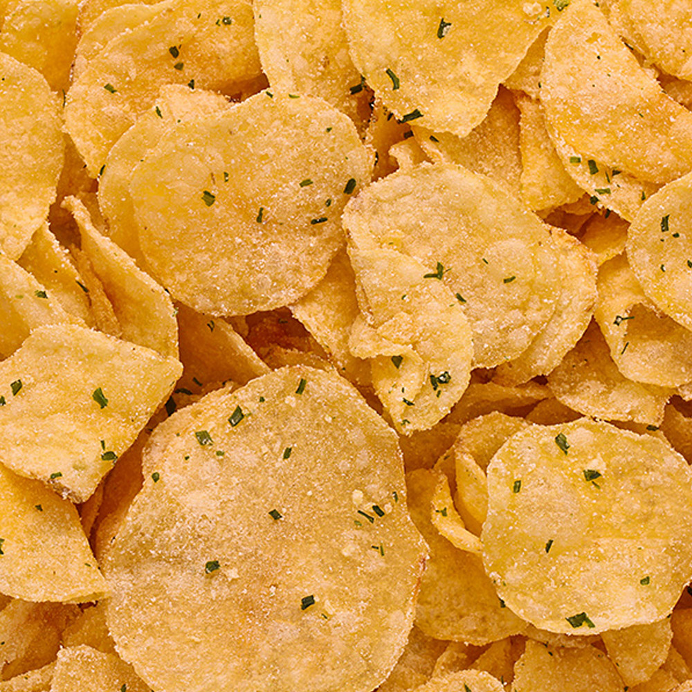 Up close of Route 11 sour cream & chive potato chips