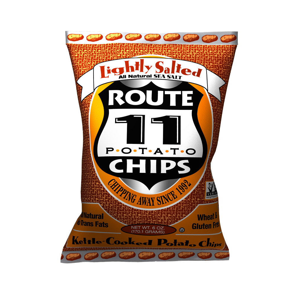 Bag of Route 11 lightly salted potato chips