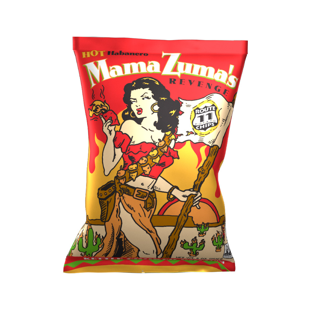 Bag of Route 11 mama zuma's revenge potato chips