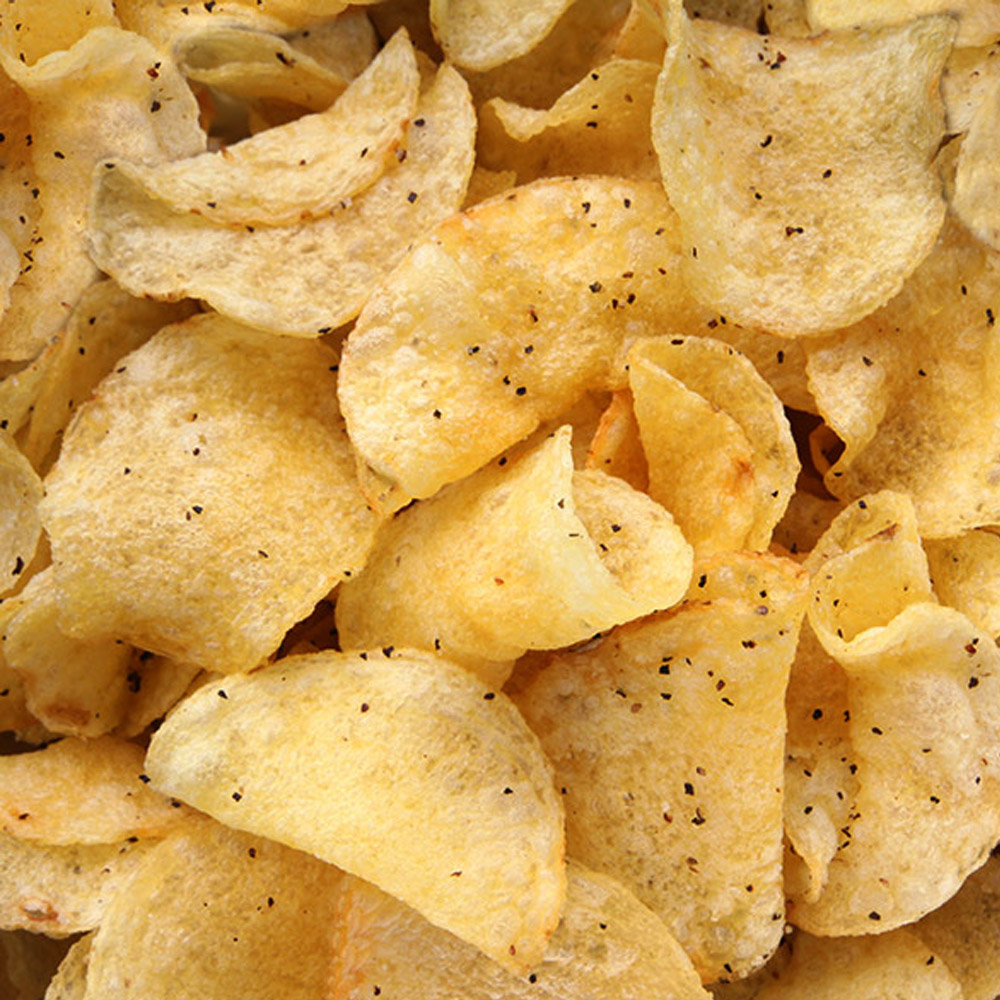 Up close of Route 11 Appalachian salt and cracked pepper potato chips