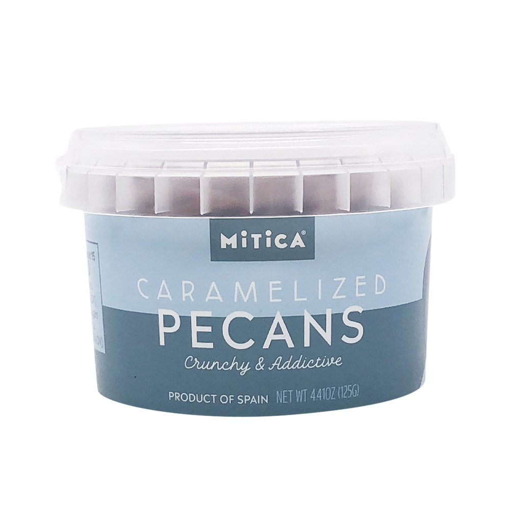 Mitica caramelized pecans in a tub