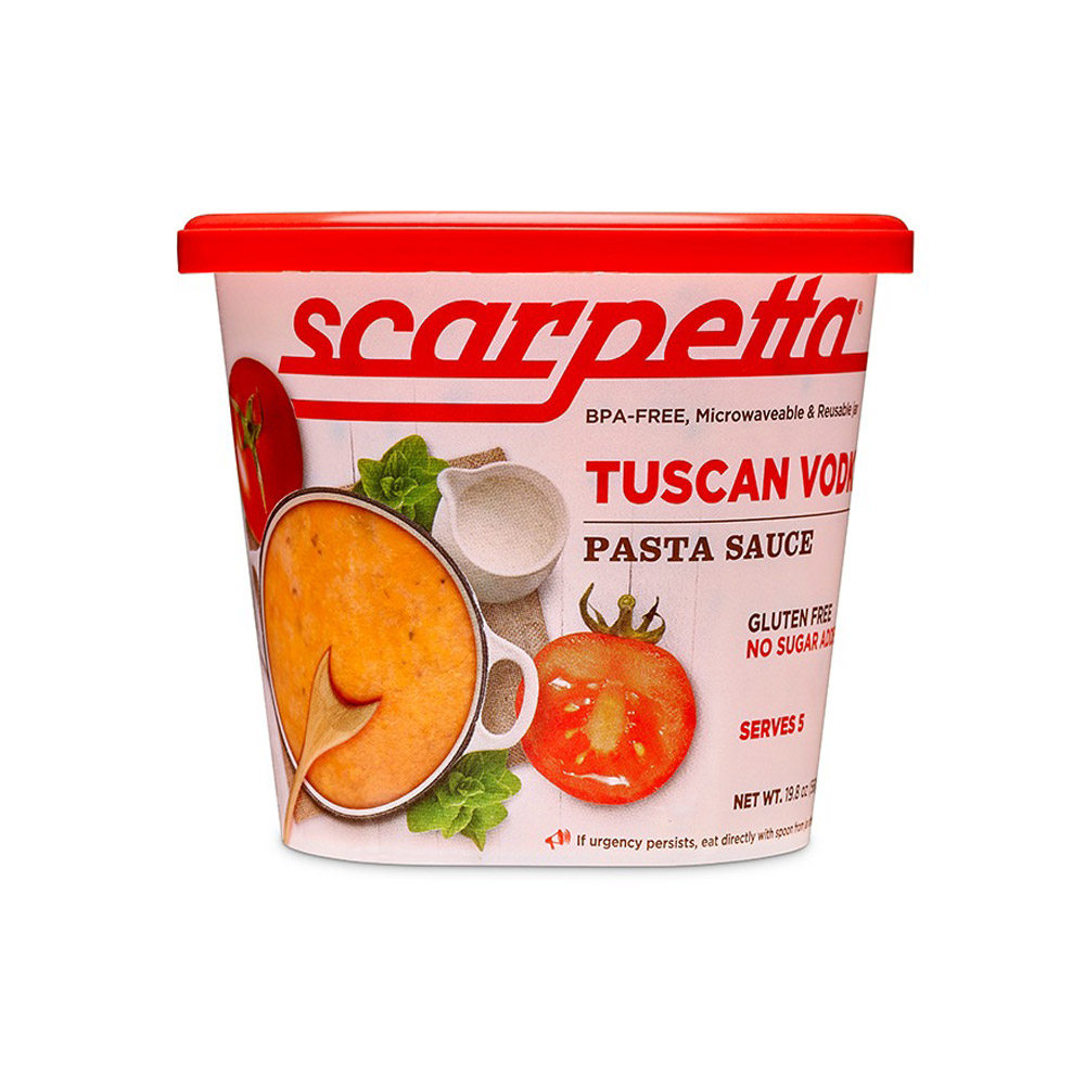 Plastic container of Scarpetta tuscan vodka sauce